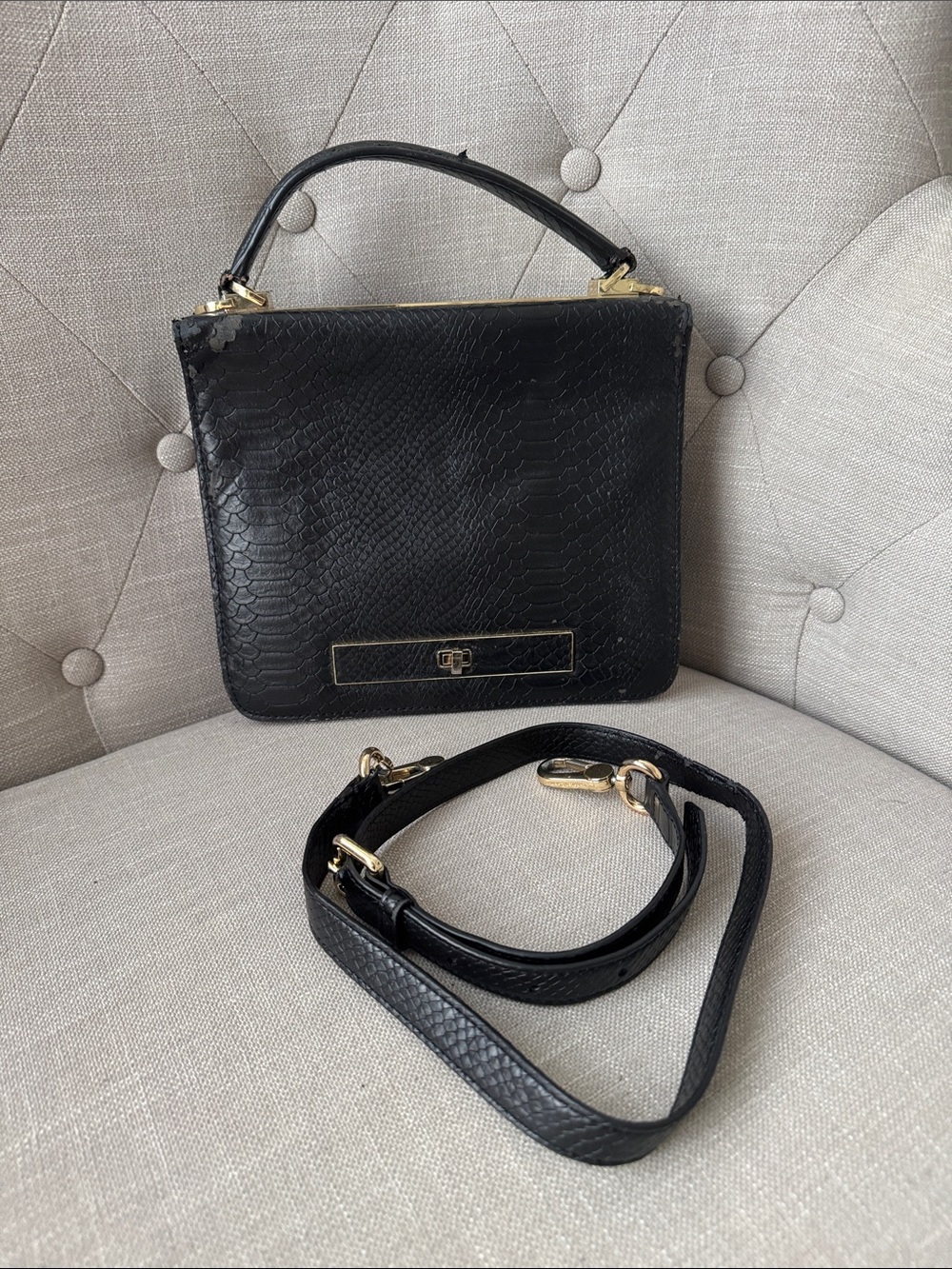 Charles & Keith Black Textured Top-Handle Satchel with Gold Hardware